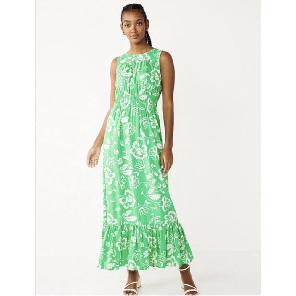 Draper James Linen Dress w/ Pockets Green Floral Maxi Medium